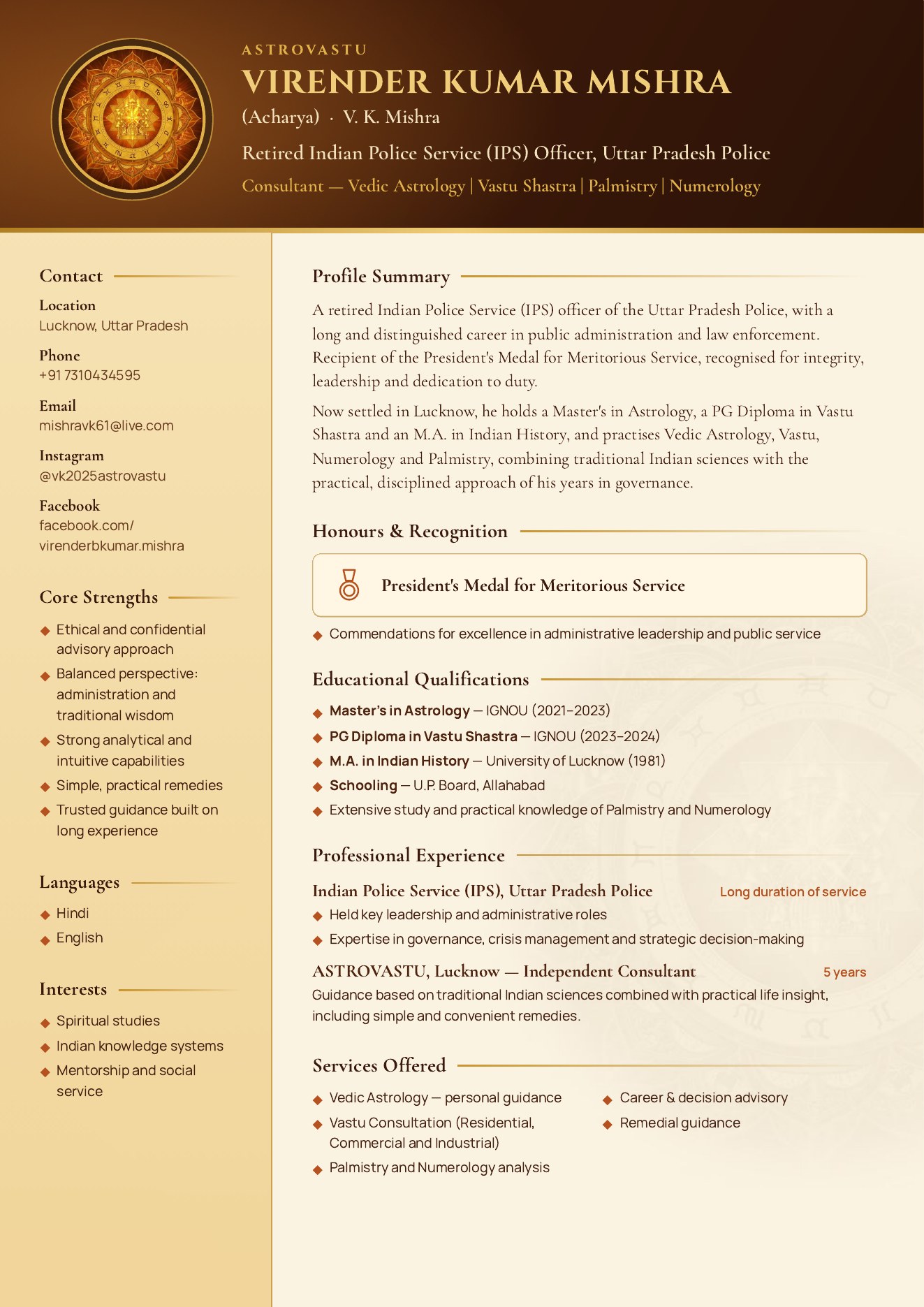One-page biodata for Virender Kumar Mishra (Acharya), with a brown and gold header, a contact sidebar, and sections for profile summary, honours, education, experience and services