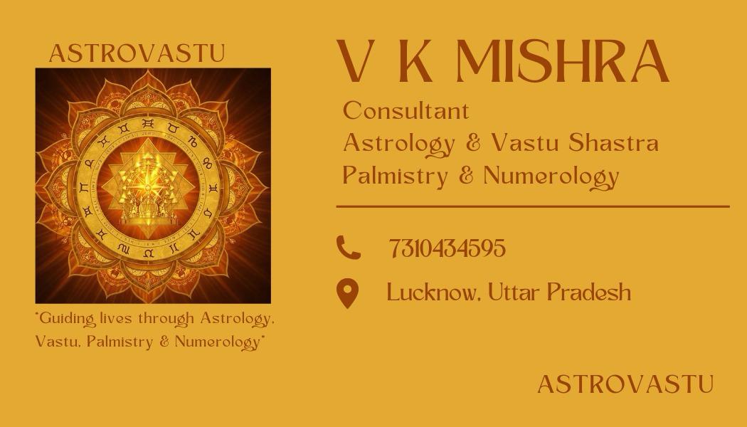 English business card on a gold background: ASTROVASTU logo, V K Mishra, Consultant — Astrology & Vastu Shastra, Palmistry & Numerology, phone 7310434595, Lucknow, Uttar Pradesh